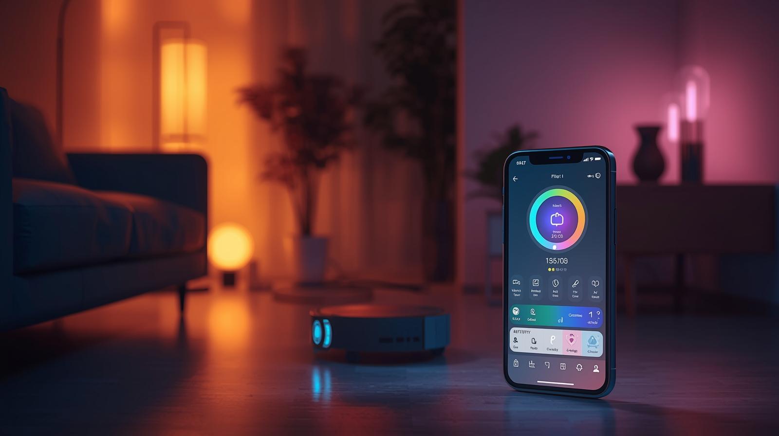 Modern smart home living room with smartphone control, robot vacuum, and smart lights.