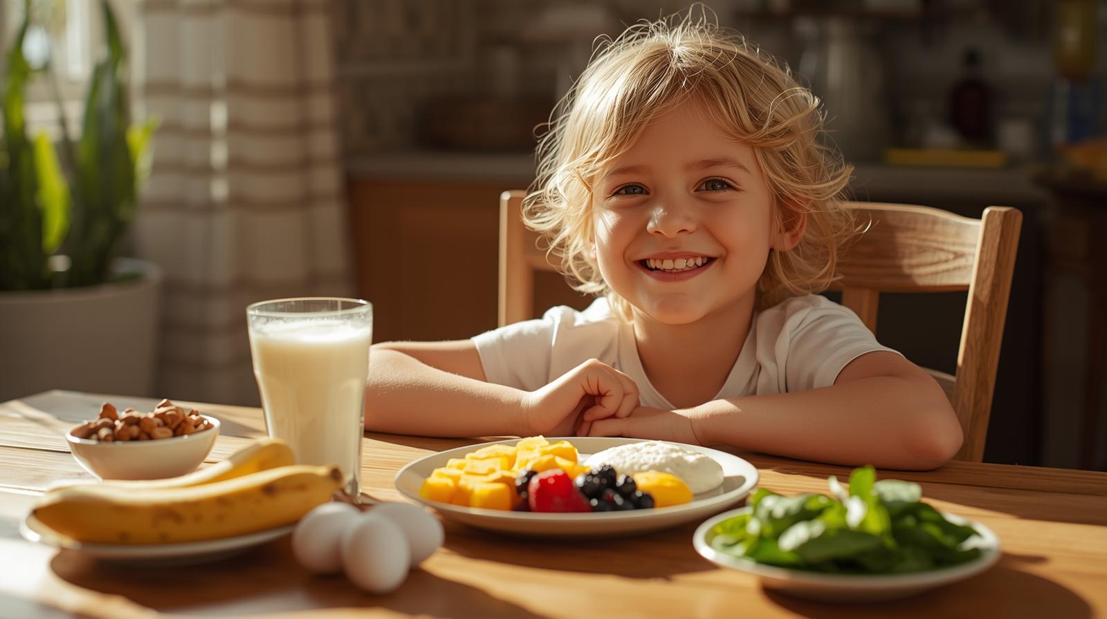 Child eating healthy superfoods like eggs and milk for height and weight growth.