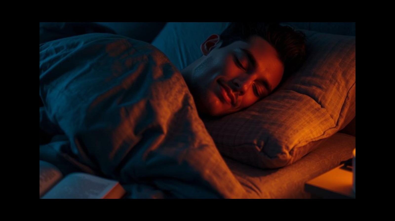 Person sleeping peacefully in a cozy bedroom with a book, representing tips for better sleep and mental health.