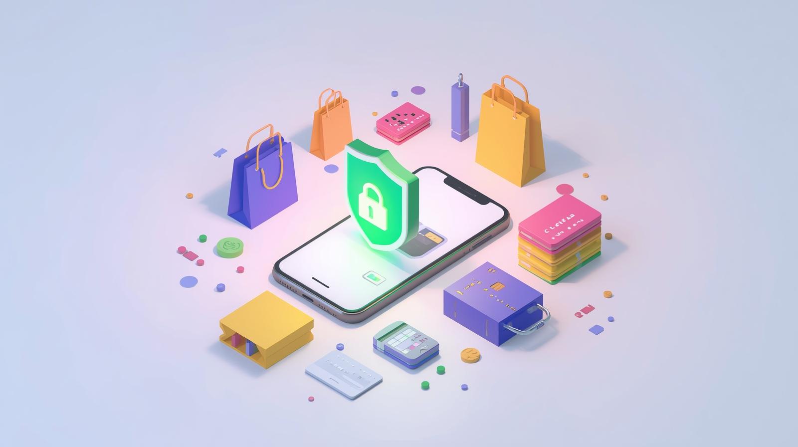 Secure online shopping concept with a shield icon on a smartphone, representing safety tips against scams.